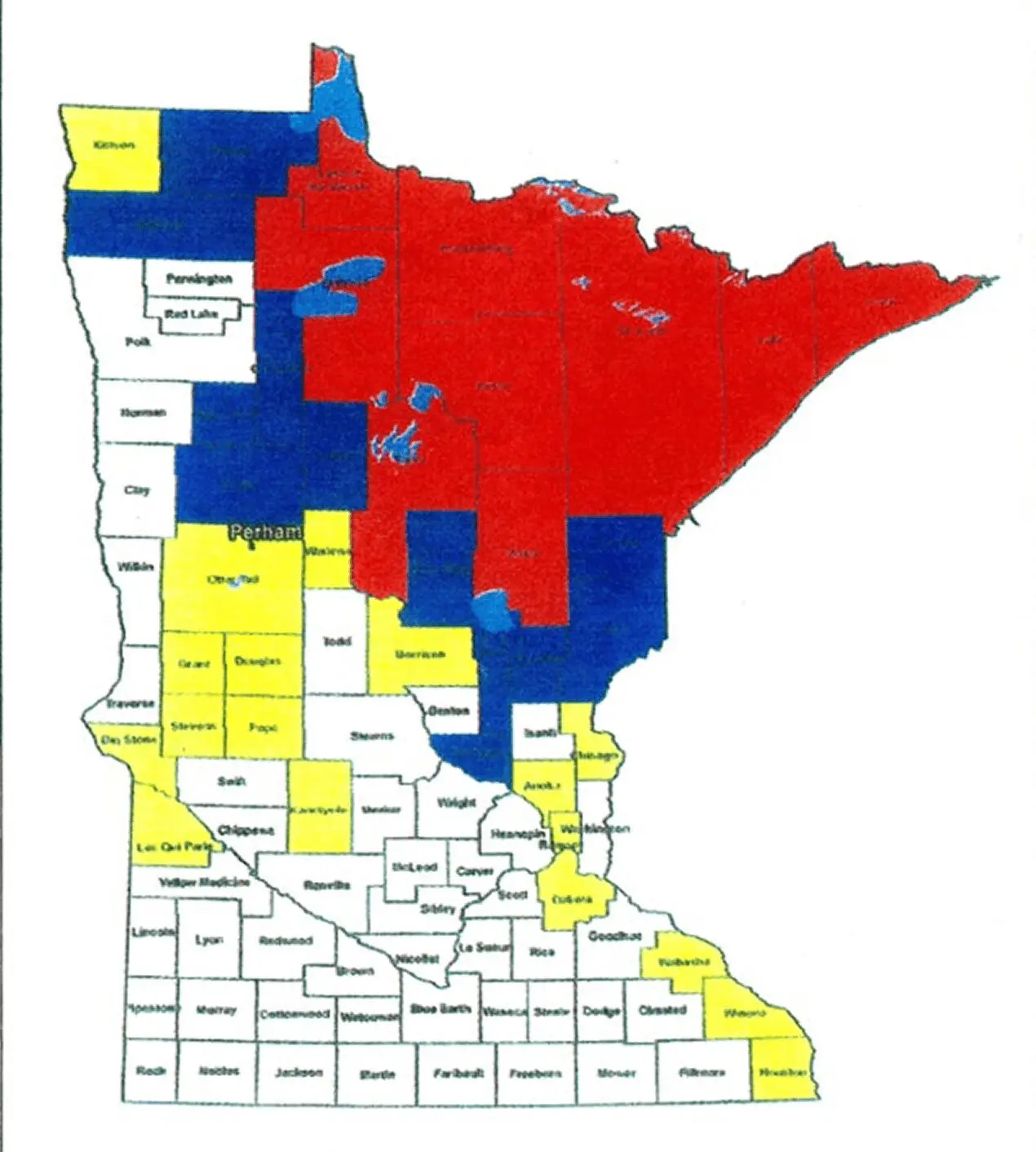 Minnesota counties in red, blue, yellow